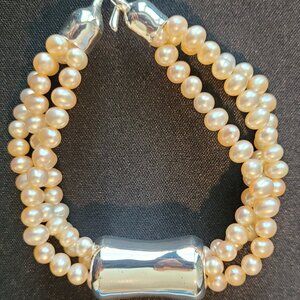 925 Silver and Light Pink Pearl Triple Strand Bracelet New/no tag